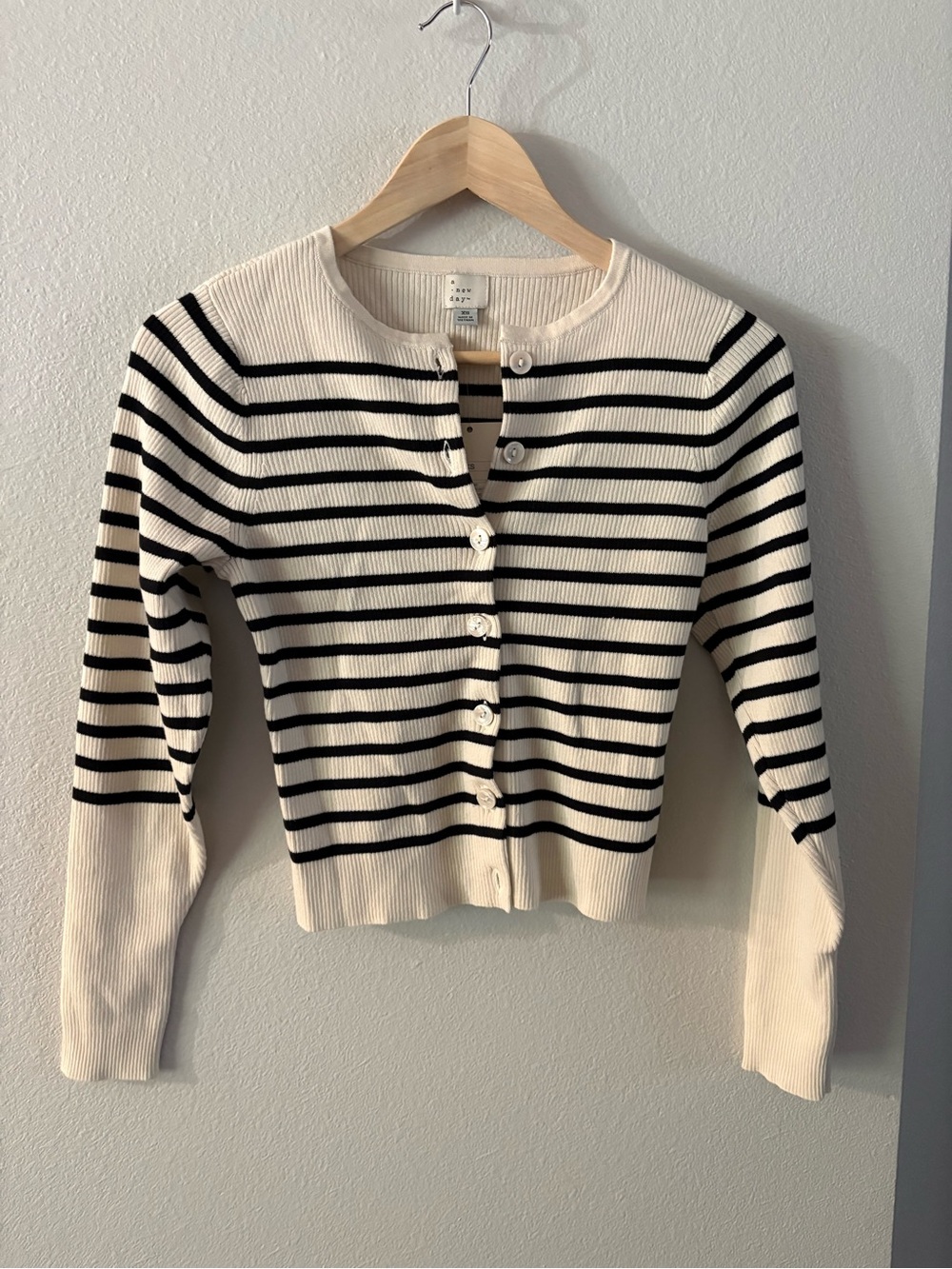 90s Preppy Cream & Black Striped Button Cropped Cotton Blend Cardigan Coastal XS